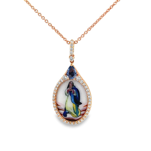 Painted Virgin Mary Diamond & Sapphire Necklace